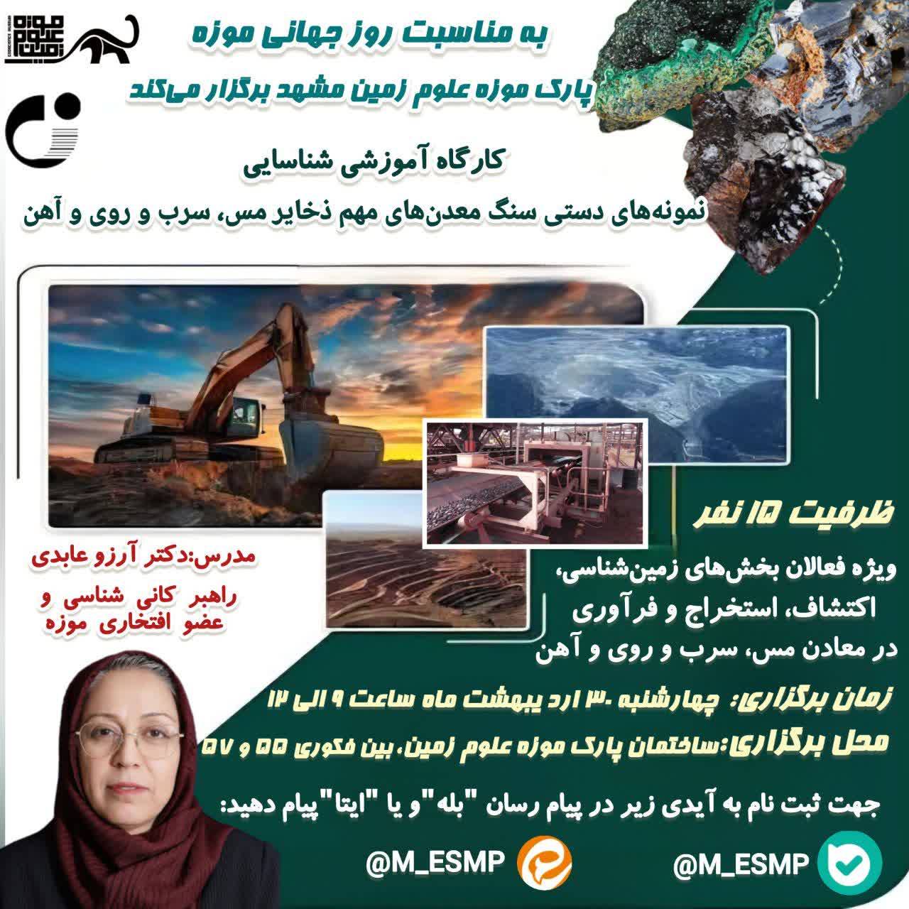 برگزاری کارگاه آموزشی "شناسایی نمونه های دستی سنگ معدن های مهم ذخایر مس، سرب و روی و آهن" به مناسبت روز جهانی موزه